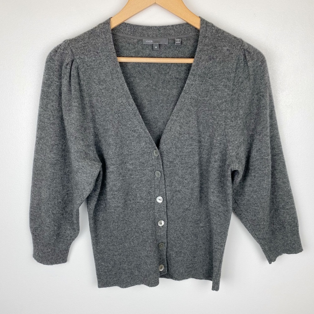 Vince Gray Cardigan Sweater with 3/4 Sleeves and Relaxed Fit